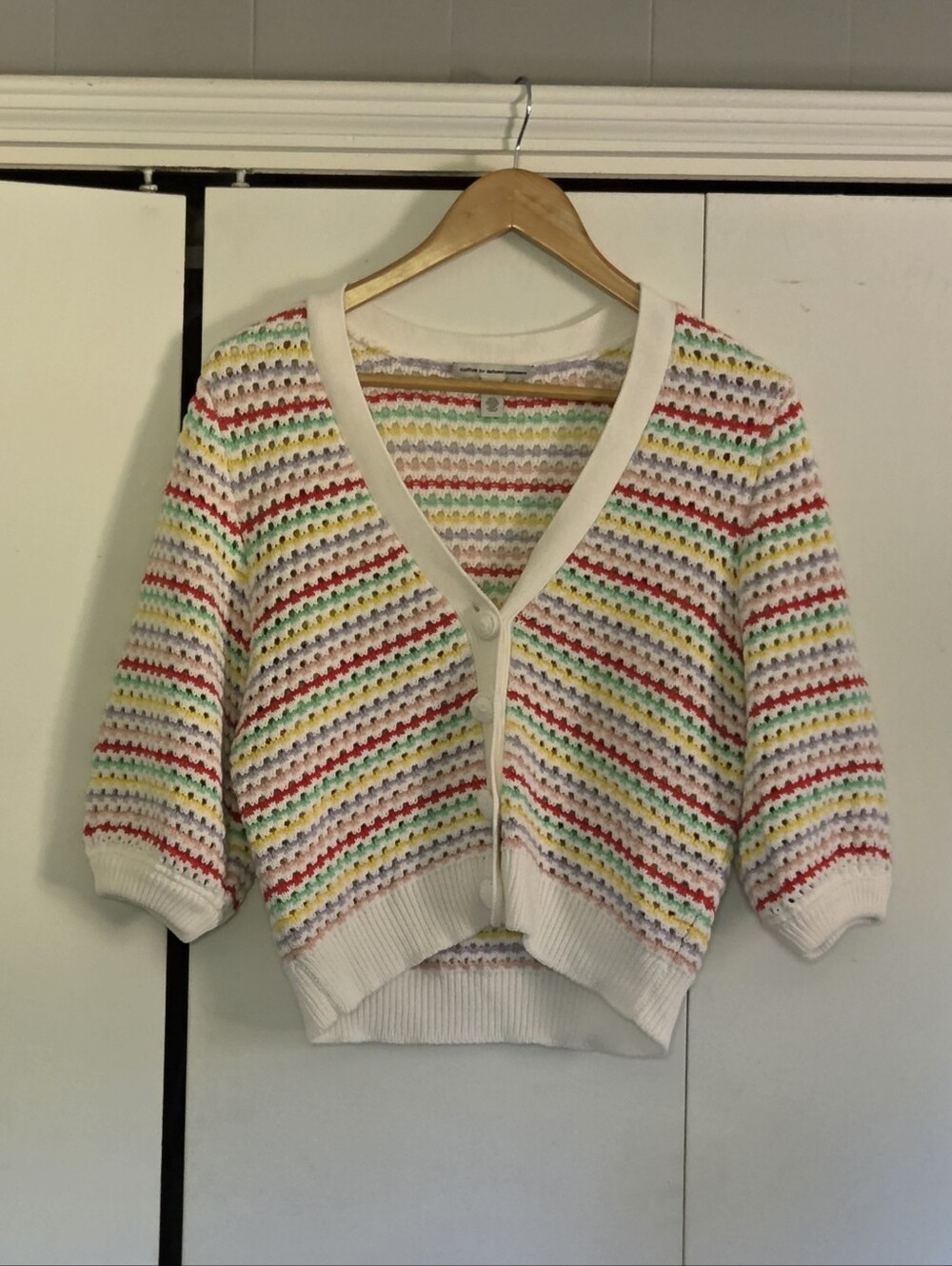 Autumn Cashmere White Cropped V-Neck Cardigan with Rainbow Stripes